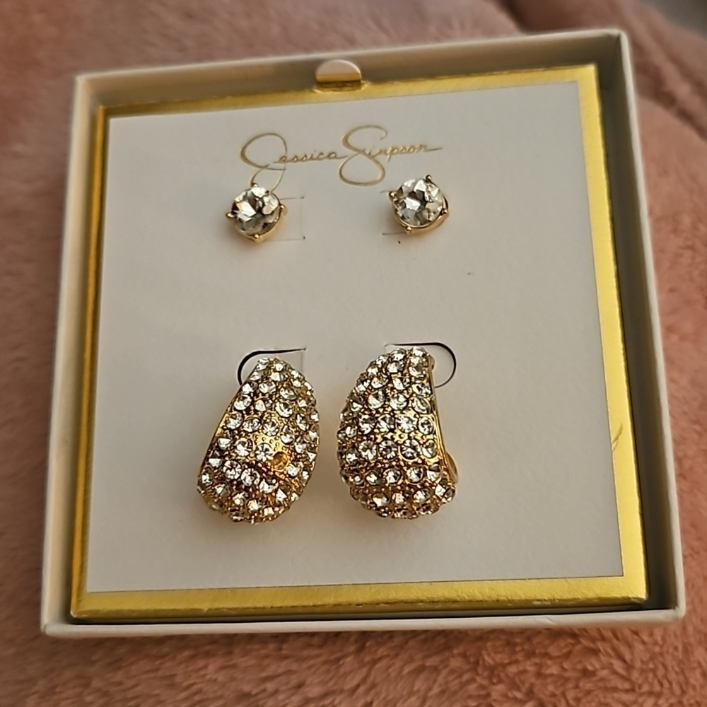 JESSICA SIMPSON Goldtone Paved Chunky Hoop and Solitaire Post Earrings - Picture 6 of 6
